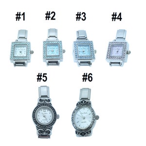 May include: Ten silver wristwatches with different styles and designs. Some watches have a square face with rhinestones, while others have a round face with a more ornate design. All watches have a silver band.