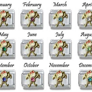 May include: Twelve charm bracelets with a gold-colored figure of a person with a red hat and a different colored gemstone for each month of the year. January has a red gemstone, February has a pink gemstone, March has a turquoise gemstone, April has a clear gemstone, May has a green gemstone, June has a pink gemstone, July has a red gemstone, August has a green gemstone, September has a blue gemstone, October has a pink gemstone, November has a yellow gemstone, and December has a blue gemstone.