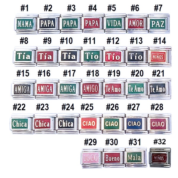 You Pick 9mm Italian Charm Assorted Spanish Language Espanol Latin America Family Friend Love mom dad aunt uncle kids Modular Links