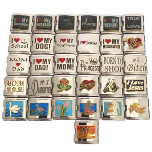 May include: A set of 24 silver charm bracelets with various colorful designs and text. The charms feature phrases like "I Love My Dog!" and "Born to Shop".