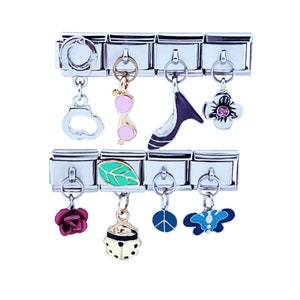 May include: A silver charm bracelet with a variety of colorful charms, including a pair of sunglasses, a high heel shoe, a flower, a leaf, a ladybug, a rose, a peace sign, and a butterfly.