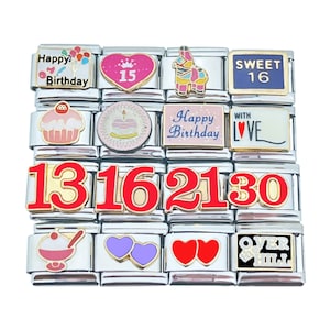 May include: A set of 16 silver charm bracelet charms with various birthday themes. The charms include numbers, cupcakes, hearts, and the words "Happy Birthday", "Sweet 16", and "With Love".