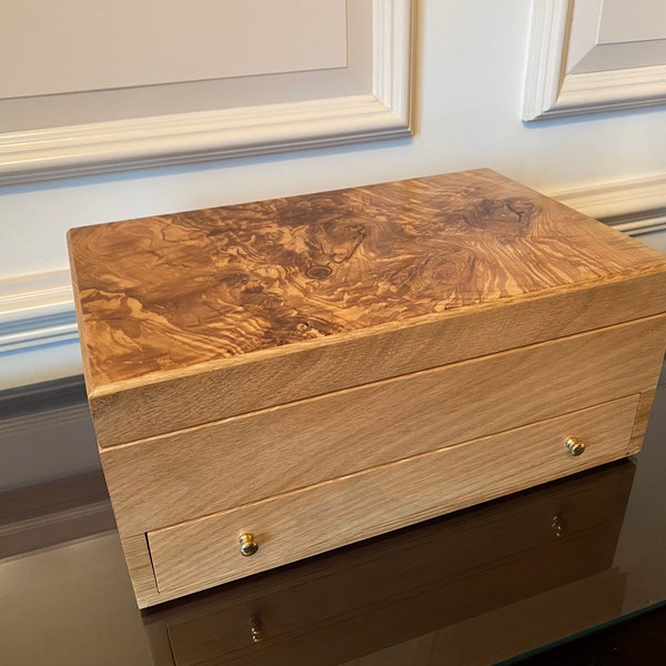 Handmade Watch Box (10 Compartments and Drawer) - Olive Ash Burr with Optional Personalisation