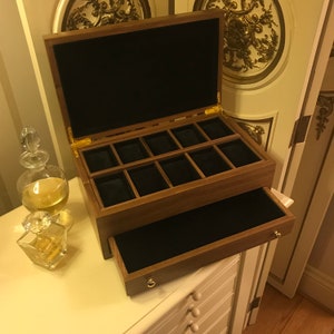 Handmade Watch Box (10 Compartments and Drawer) - Burr Walnut with Optional Personalisation