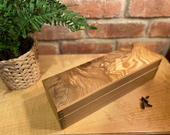 Handmade Watch and Cufflink Box - Natural Oak Finish with feature Olive Ash Burr Lid and Optional Personalisation