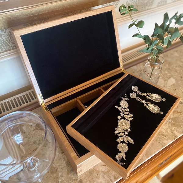 Jewellery Box - Handmade Oak Wood Keepsake Case with Dovetail Joints (Optional Personalisation)