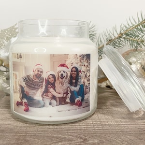 Holiday Gift Photo Candle -Christmas Photo Candle -Custom Handmade Gifts -Soy Wood Wick Glass Jar Candle with Photograph
