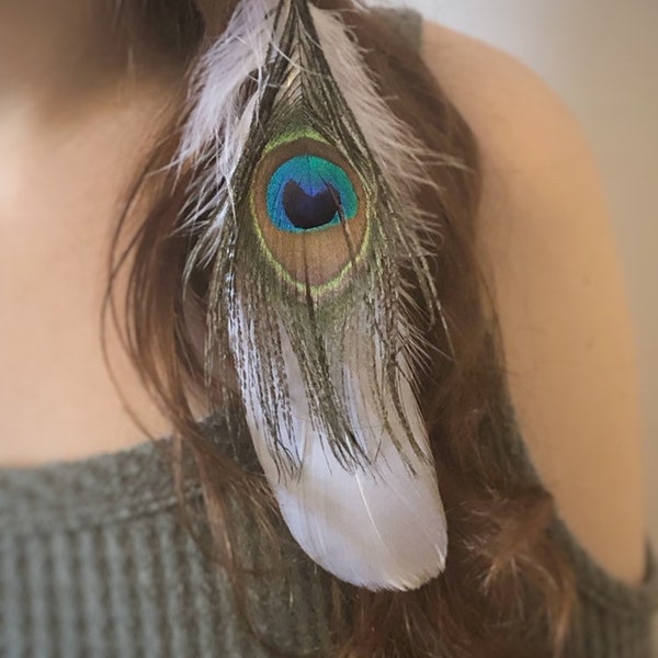 Feather Hair Clips -Peacock Goose Feather Hair Barettes -Bohemian Hair Piece