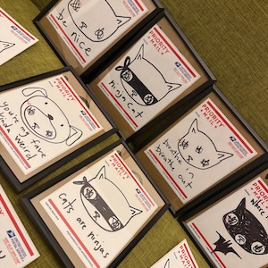 May include: A collection of framed art pieces featuring whimsical cat and dog illustrations. Each piece is hand-drawn with black ink on white paper, with phrases like "be nice" and "ninja cat". The frames are black and the background is a green fabric.