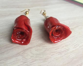 Preserved Red Rose Earrings with Faux Pearl