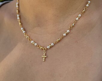 Cross Necklace 18k Gold Filled Dainty Minimalist Cross Religious Jewelry Faith Necklace Cross Earrings Stud Little Cross Pearl Necklace
