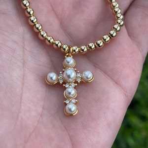 18k Gold Filled Pearl Cross Necklace: Religious Choker