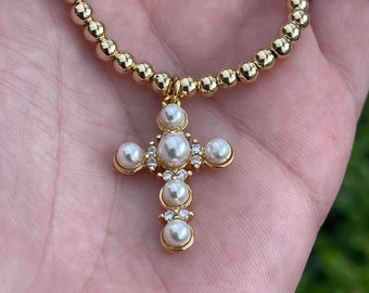 18k Gold Filled Pearl Cross Necklace: Religious Choker
