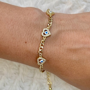 Blue Evil Eye Bracelet 18k Gold Filled Hamsa Hand Protection Bracelet Mal de Ojo Adjustable Evil Eye Bracelet Turkish Eye Gift for Her image 4