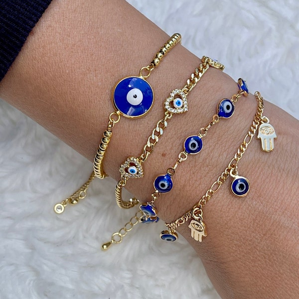 Blue Evil Eye Bracelet 18k Gold Filled Hamsa Hand Protection Bracelet Mal de Ojo Adjustable Evil Eye Bracelet Turkish Eye Gift for Her