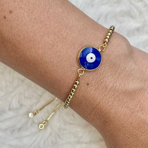 Blue Evil Eye Bracelet 18k Gold Filled Hamsa Hand Protection Bracelet Mal de Ojo Adjustable Evil Eye Bracelet Turkish Eye Gift for Her image 5