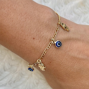 Blue Evil Eye Bracelet 18k Gold Filled Hamsa Hand Protection Bracelet Mal de Ojo Adjustable Evil Eye Bracelet Turkish Eye Gift for Her image 2