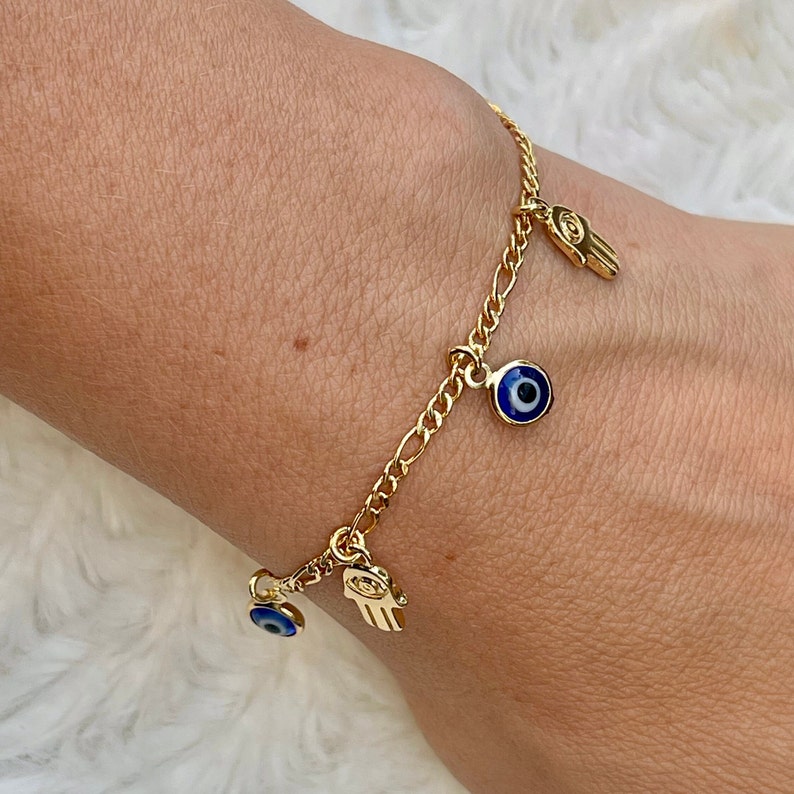 Blue Evil Eye Bracelet 18k Gold Filled Hamsa Hand Protection Bracelet Mal de Ojo Adjustable Evil Eye Bracelet Turkish Eye Gift for Her image 2
