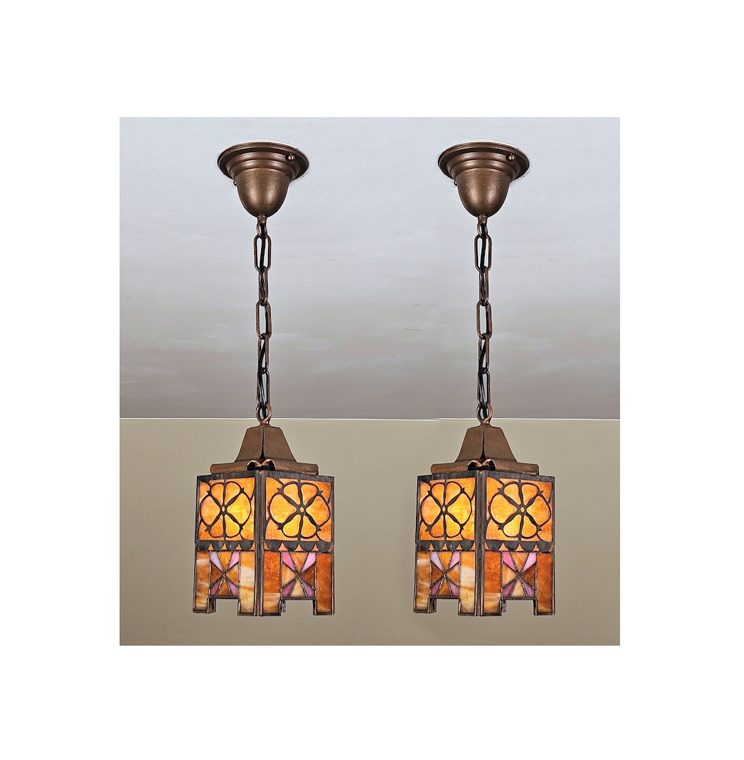 RESTORED Pair of Antique Stained Glass Victorian Light Fixtures Excellent Condition Etsy