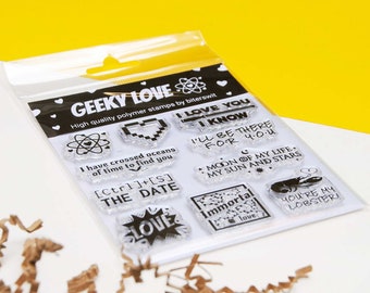 Geek love scrapbook clear stamp set, geek collage supplies, Bujo planner geek stamps, nerd stationery set, nerd scrapbook supplies