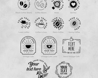 May include: A collection of black and white coffee-themed designs. The designs include coffee beans, coffee cups, and text that reads "Your Text Here". The designs are arranged in a grid pattern.