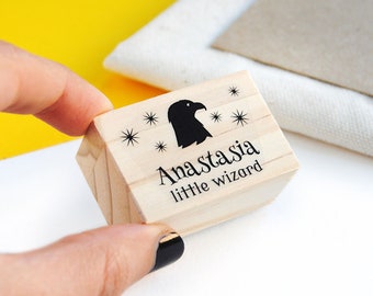 Custom name stamp with magic animal for kids, magical library stamp for wizards, geeky birthday gift for potterer, school of magic stamp