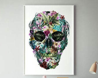 Tropical Skull art print, vintage floral skull art print, sugar skull art