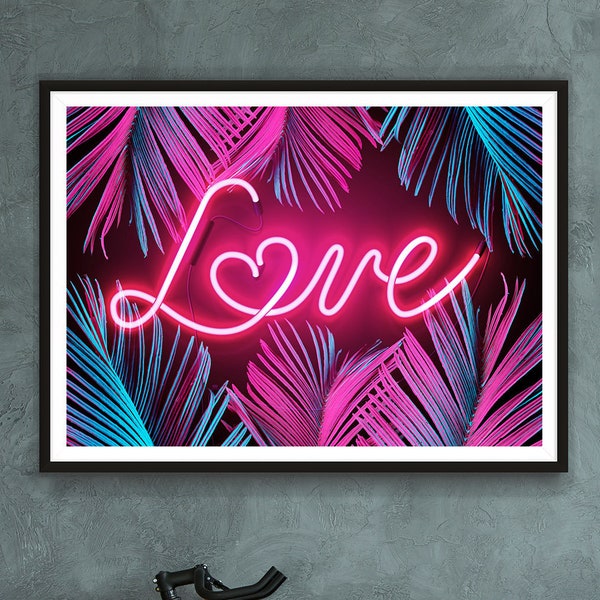 Stampa al neon d'amore tropicale, stampa al neon tropicale, decorazione murale tropicale, tipografia tropicale, poster di cartelli tropicali, arte botanica