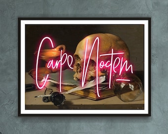 Carpe Noctem neon art print, abstract victorian art print, pink neon text art print, vintage skull wall art, latin phrase, latin quote art