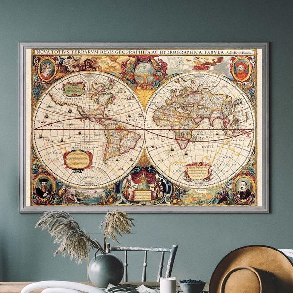 Vintage World Map, Antique Map Illustration, Historical Map Art Print, Vintage Travel Poster, Nova Totius Terrarum