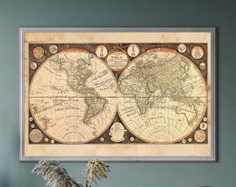Vintage World Map – Antique Map Illustration, Historical Map Art Print, Vintage Travel Poster, Rustic Map Decor