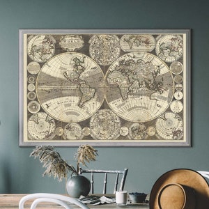 Vintage Weltkarte, Illustration, historische Karte, schwarzweiße Karte, Vintage Reiseplakat