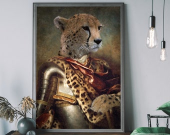 Retrato de guepardo victoriano – Pintura animal renacentista, lámina de tigre modificada, arte mural histórico, póster divertido
