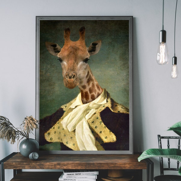 Portrait de girafe, peinture animalière de la Renaissance, impression d'art modifiée, tête d'animal corps humain, art mural safari