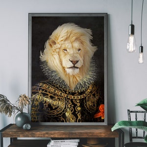 Lion Vintage Portrait, Renaissance Animal Painting, Altered Art Print, Animal Head Human Body