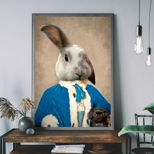 Rabbit Portrait – Renaissance Animal Painting, Altered Art Print, Animal Head Human Body