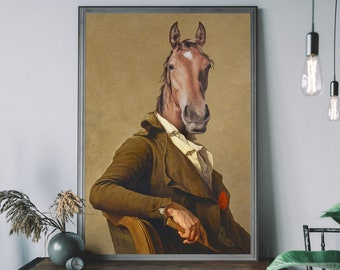 Horse Vintage Portrait – Renaissance Animal Painting, Altered Art Print, Animal Head Human Body, Equestrian Decor