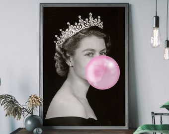 Queen Elizabeth Platinum Jubilee Art – Bubblegum Wall Art, British Royal Family Poster, Urban Wall Decor