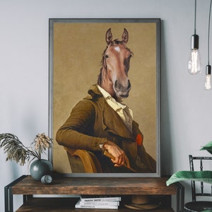 Horse Vintage Portrait – Renaissance Animal Painting, Altered Art Print, Animal Head Human Body, Equestrian Decor