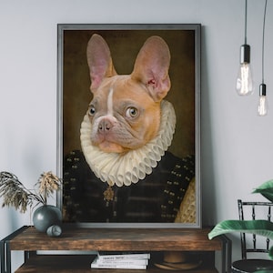 Französische Bulldogge Porträt, Renaissance Tier Malerei, veränderte Kunstdruck, Tierkopf des menschlichen Körpers, Welpe Druck