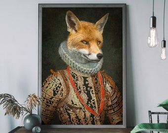 Victorian Fox Portrait, Renaissance Animal Painting, Altered Art Print, Animal Head Human Body