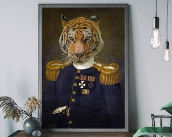 Victorian Tiger Portrait, Renaissance Animal Painting, Altered Art Tiger print, Historical wall art, Funny Art Poster