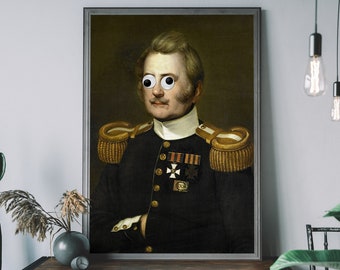 May include: A painting of a man in a military uniform with a gold trim and medals. He has a serious expression on his face and is wearing a white shirt with a black tie. The background is a dark green color.