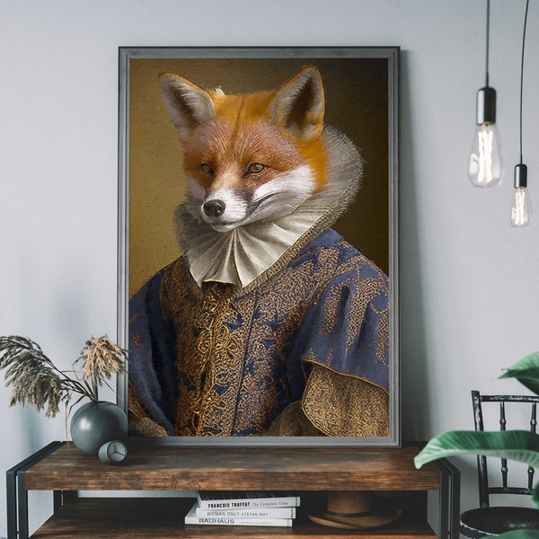 Victorian Fox Portrait, Aristocratic Animals, Renaissance Animal Painting, Altered Art Print, Animal Head Human Body