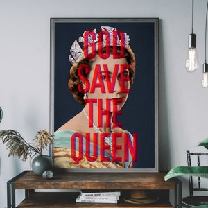 Queen Elizabeth Platinum Jubilee Art – God Save The Queen Print, British Royal Family Poster, Urban Wall Decor