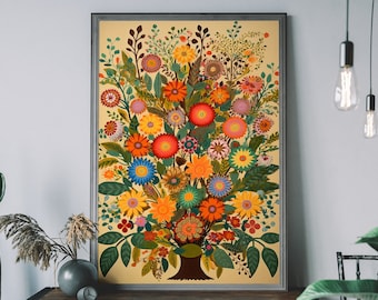 FolkFolk Flower Art Print – Colourful Cottagecore Boho Floral Illustration, Cozy Wall Art