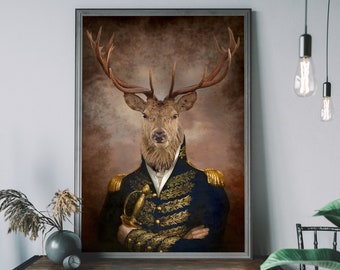 Portrait vintage de cerf, peinture animalière de la Renaissance, impression d'art modifiée, tête d'animal corps humain, impression safari