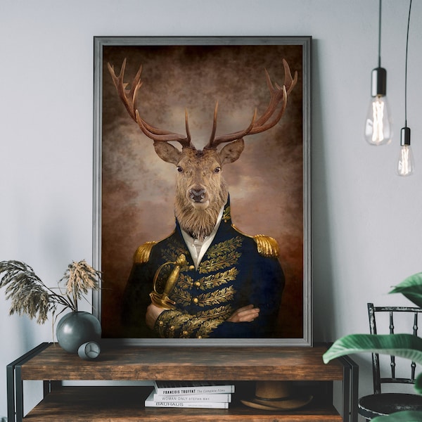 Hirsch Vintage Portrait, Renaissance Tier Malerei, veränderter Kunstdruck, Tierkopf Menschlicher Körper, Safari Print