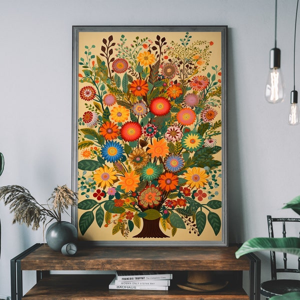 Folk Flower Art Print, Colourful Wall Art, Cottagecore Wall Art, Cozy Wall Art, Boho Floral Illustration, Flower Market