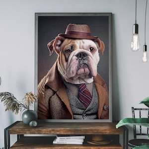 English Bulldog Portrait – Dog in Clothes, Altered Animal Art Print, Animal Head Human Body, Unique Pet Wall Art